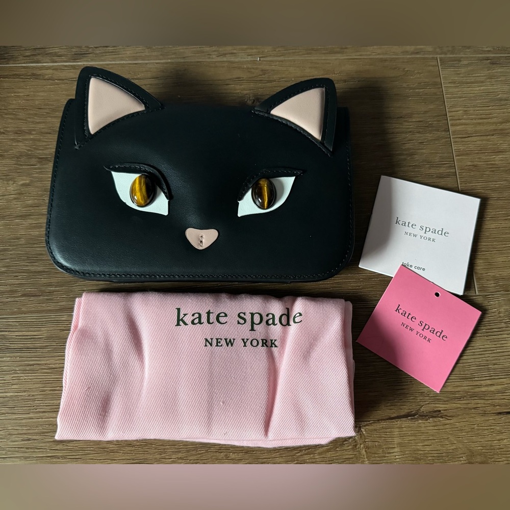 KATE SPADE-RARE (NWT) Black & Pink Leather Cat Clutch